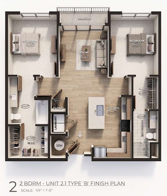 A 2 BDRM - UNIT 2.1 TYPE B' FINISH PLAN showing the layout of a two bedroom apartment.
