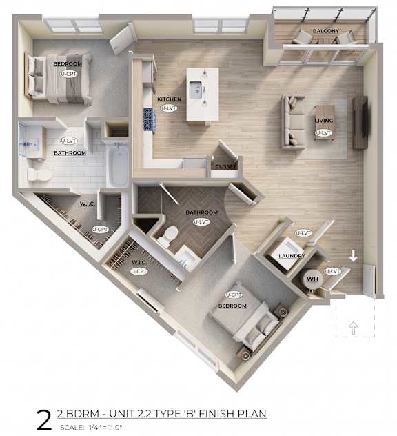 A 2 Bedroom, 2 Bathroom apartment with a balcony is shown in this image.