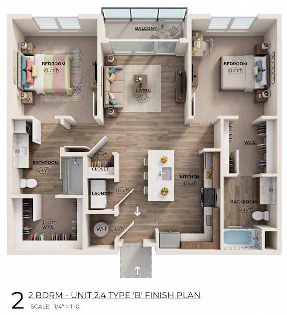 A 2 Bedroom, 2 Bathroom apartment with a balcony is shown in this image.