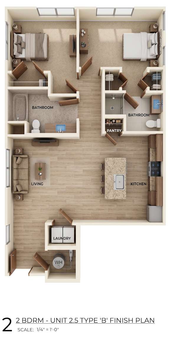 A 2 bedroom, 2.5 type B finish plan with a living room, kitchen, laundry, and bathroom.