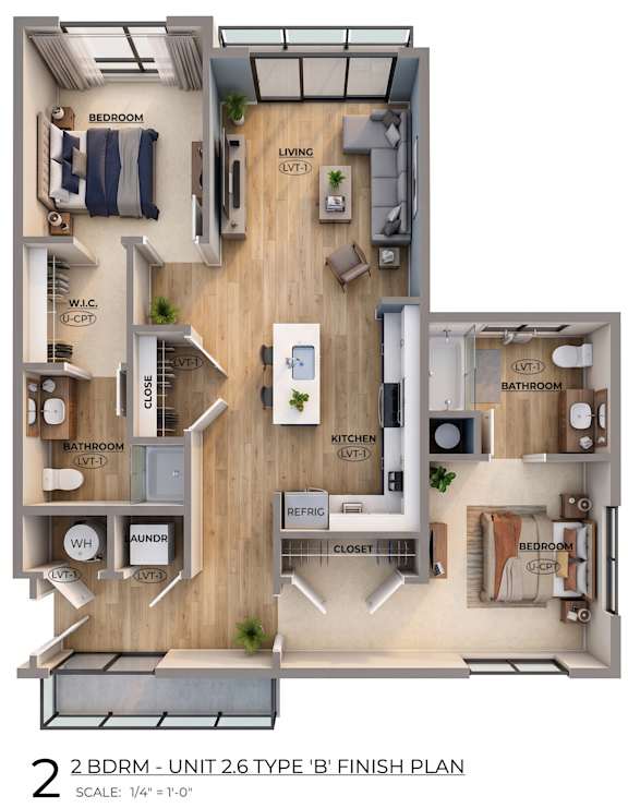 A 2 Bedroom, 2 Bathroom, 2.6 Type B finish plan is shown.