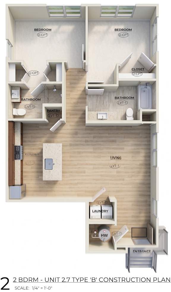 A 2 Bedroom, 2 Bathroom, 27 feet type B' construction plan.