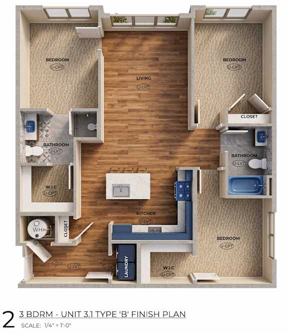 A 3D floor plan of a 3 bedroom apartment.
