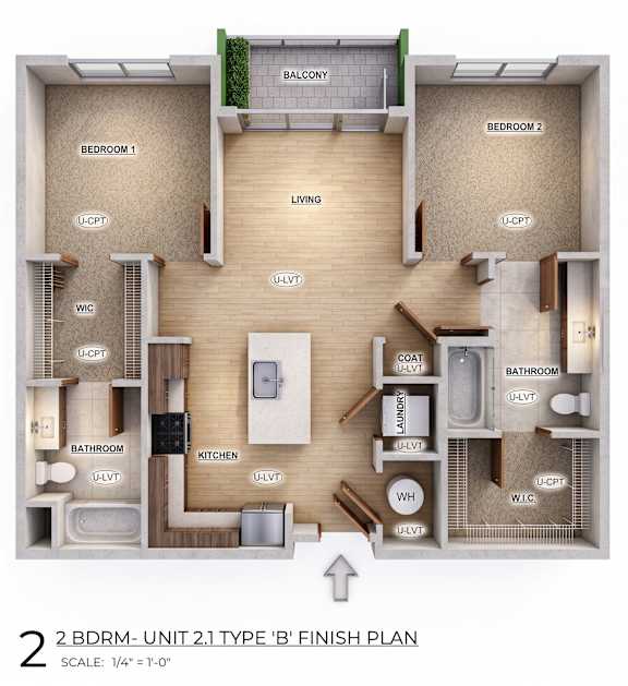 A 2 BDRM- UNIT 2.1 TYPE 'B' FINISH PLAN with a scale of 1/4" = 1'-0".