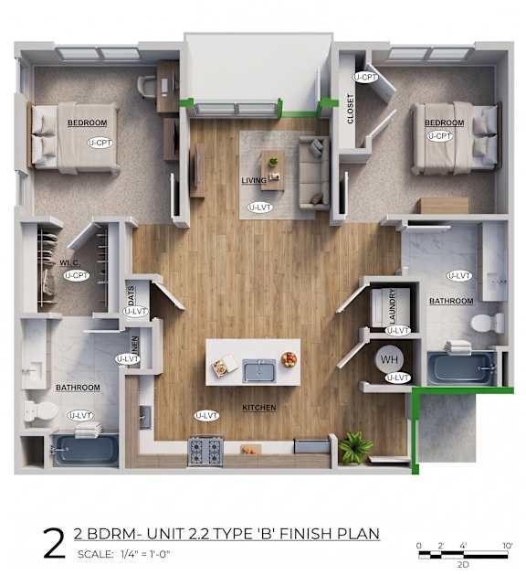 A 2 BDRM- UNIT 2.2 TYPE 'B' FINISH PLAN with a scale of 1/4" = 1'-0".