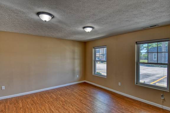 Empty room with wooden floors and two windows.