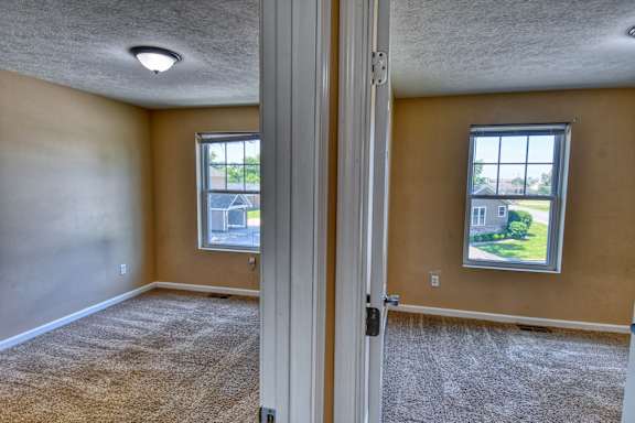 A room with a carpeted floor and two windows.