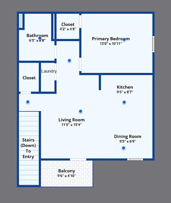 A floor plan of a house with a living room, dining room, kitchen, two bedrooms, and a bathroom.