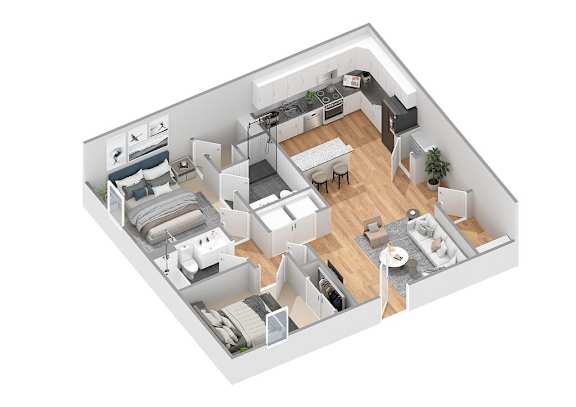 A 3D floor plan of a small apartment with a kitchen, living room, and bedroom.