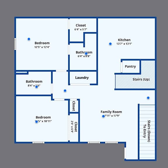 A blue and white floor plan of a house with labeled rooms.