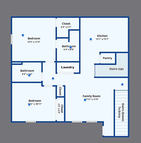 A blue and white floor plan of a house with labeled rooms.