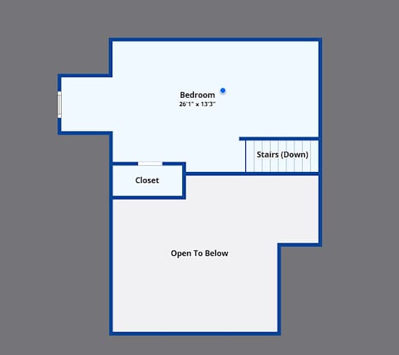 A diagram of a room layout with a bedroom, closet, and stairs.
