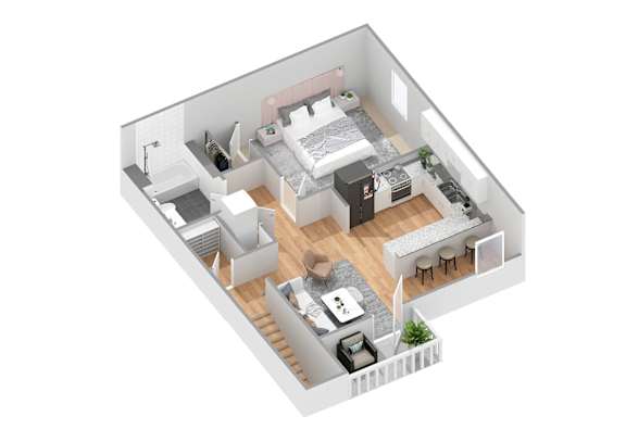 A 3D image of a small apartment with a bedroom, living room, and kitchen.