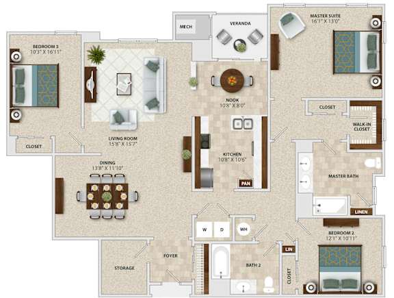 A floor plan of a house with a living room, dining room, kitchen, and multiple bathrooms.