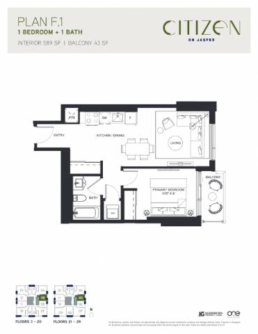 Floor Plan  F1 Floor Plan at Citizen on Jasper, Edmonton, AB, T5K 0M5