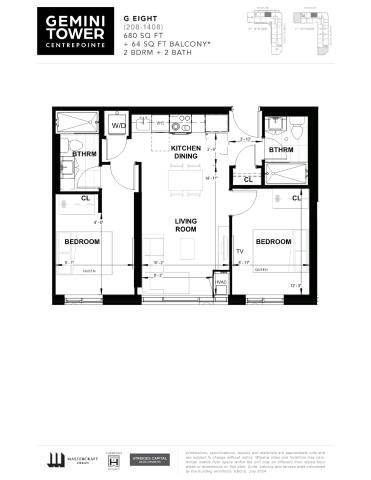 A black and white image of a floor plan for the Gemini Tower apartment.
