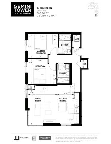 A black and white image of a floor plan for a Gemini Tower apartment.