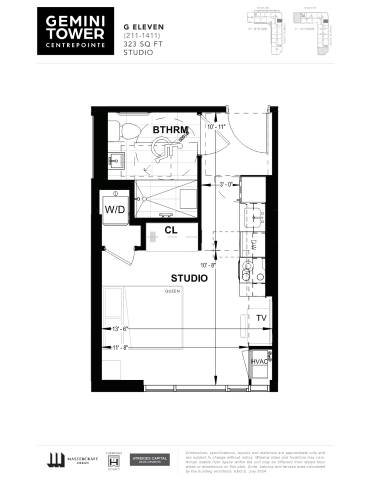 A floor plan for a studio apartment at Gemini Tower.