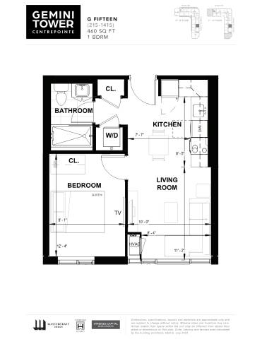 A floor plan for the Gemini Tower apartment shows a living room, a kitchen, a bedroom, and a bathroom.