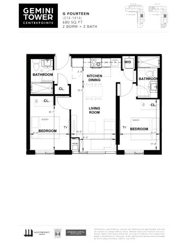 A black and white image of a floor plan for the Gemini Tower apartment.
