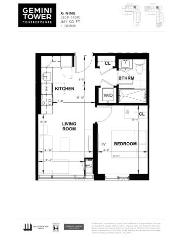 A black and white image of a floor plan for a Gemini Tower apartment.