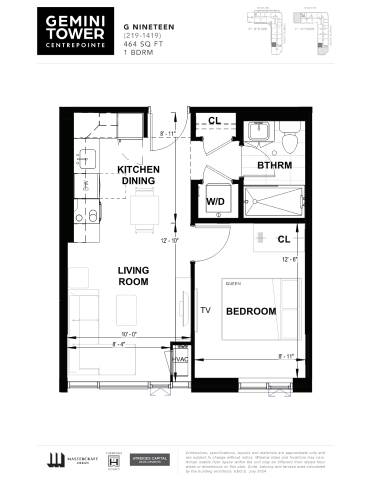 A floor plan for a 1 bedroom apartment in the Gemini Tower.