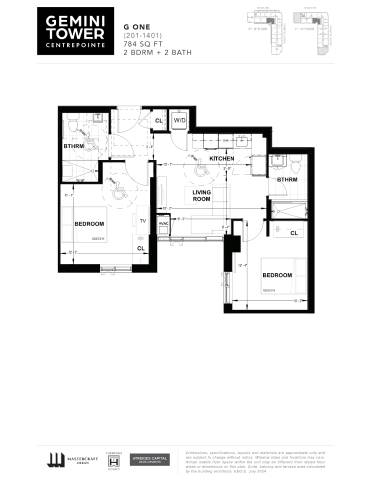 A black and white image of a floor plan for the Gemini Tower apartment.