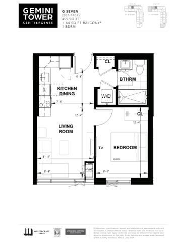 A floor plan for the Gemini Tower apartment shows a living room, a dining room, a kitchen, a bedroom, and a bathroom.