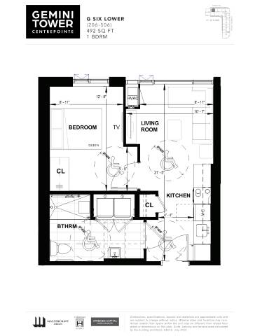 A black and white image of a floor plan for the Gemini Tower apartment.