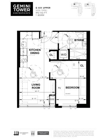A floor plan for a Gemini Tower apartment shows a living room, dining room, kitchen, and two bedrooms.