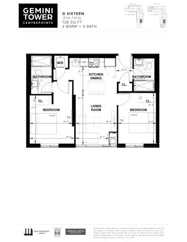 A black and white image of a floor plan for a Gemini Tower apartment.