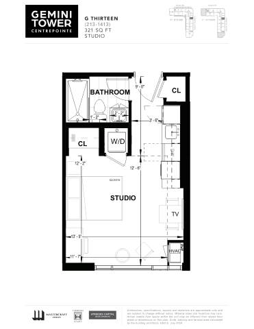 A black and white image of a floor plan for a Gemini Tower apartment.