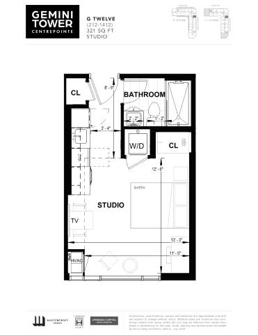 A floor plan for the Gemini Tower shows a studio apartment layout.