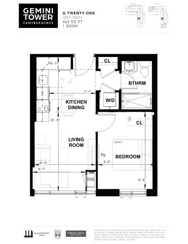 A black and white image of a floor plan for a Gemini Tower apartment.