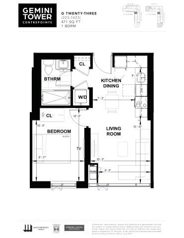 A floor plan for a 2 bedroom, 2 bathroom apartment at Gemini Tower.