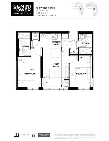 A black and white image of a floor plan for a Gemini Tower apartment.