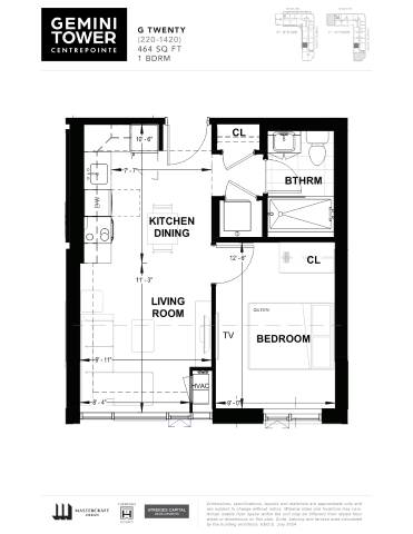 A floor plan for a 1 bedroom apartment at Gemini Tower.