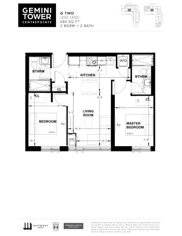 A black and white image of a floor plan for a two bedroom apartment.
