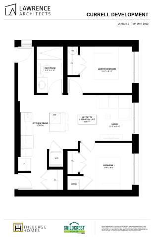 A black and white architectural floor plan for a development by Lawrence Architects.