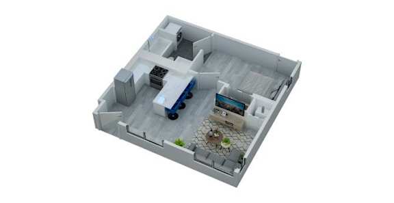 A model of a house with a blue car in the driveway.