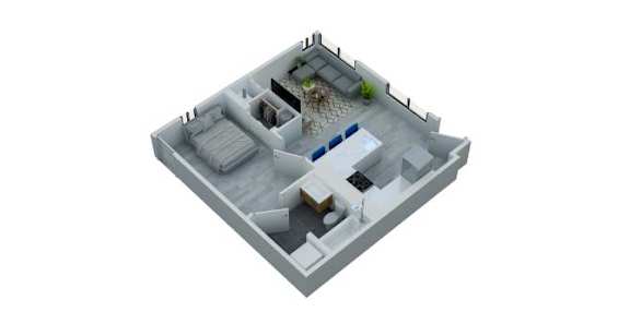 A 3D model of a house with a swimming pool.