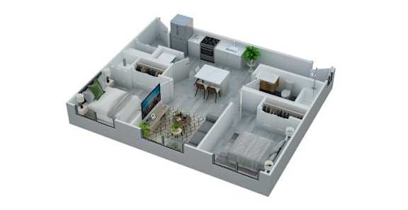A 3D model of a house with a green plant in the kitchen.