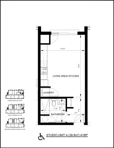 A black and white floor plan of a studio apartment with a living area, kitchen, laundry, and bathroom.