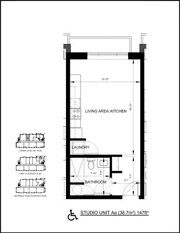 A black and white floor plan of a studio apartment with a living area, kitchen, laundry, and bathroom.