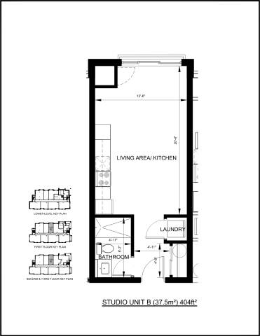 A floor plan of a studio apartment with a living area, kitchen, laundry, and bathroom.