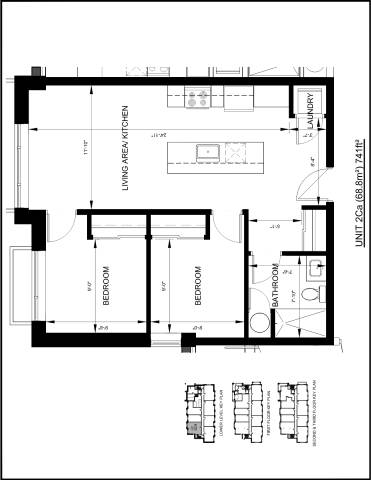 A floor plan of a small apartment with a living area, kitchen, and two bedrooms.