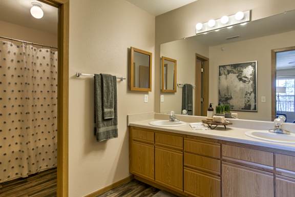 A bathroom with a shower curtain and a wooden vanity. at Tranquility Pointe, Omaha, NE, 68164