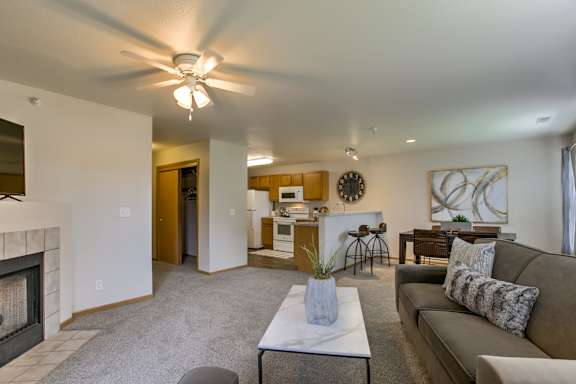 A living room with a fireplace and a couch. at Tranquility Pointe, Nebraska, 68164