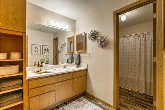 A bathroom with a wooden vanity and a mirror above it. at Tranquility Pointe, Nebraska, 68164