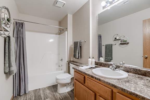 A bathroom with a white toilet, a sink, and a shower. at The Pointe, LaVista, Nebraska